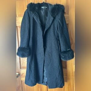 JP 1893 Vintage Black Fur-Trimmed Hooded Pea Coat